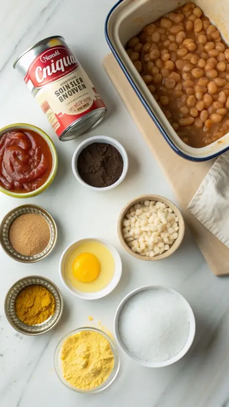 Ingredients for quick baked beans with molasses, ketchup, mustard, and brown sugar.