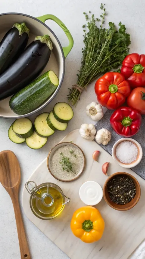 Flat lay of eggplant, zucchini, bell peppers, tomatoes, onion, garlic, olive oil, and herbs for ratatouille.
