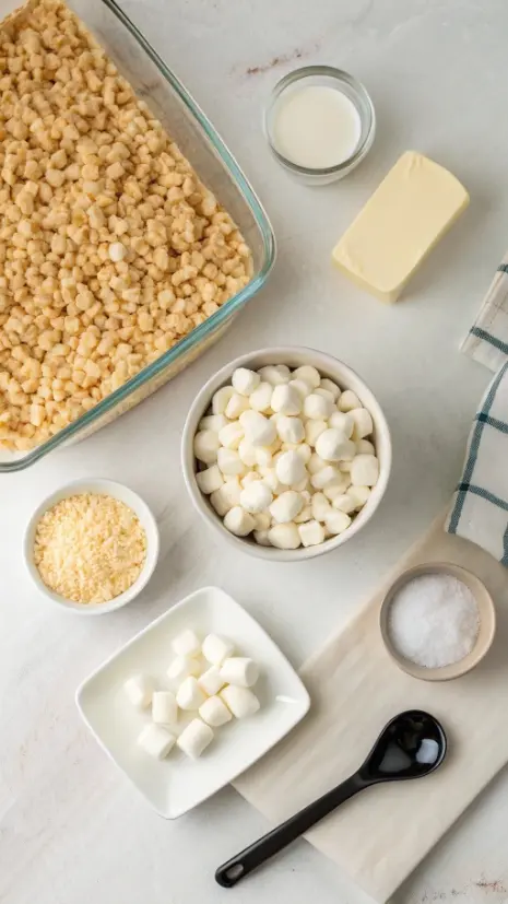 Flat lay of marshmallows, crispy rice cereal, butter, vanilla, and a baking pan for rice krispie treats.