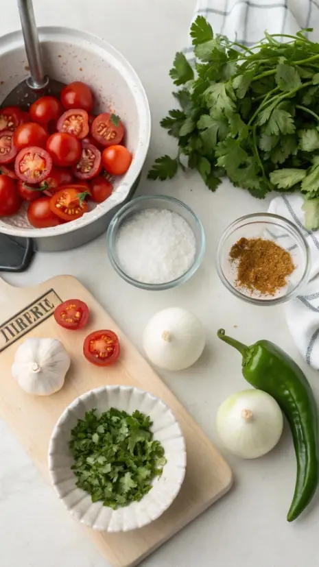 Flat lay of tomatoes, onion, garlic, jalapeño, cilantro, lime, salt, and cumin for homemade salsa.