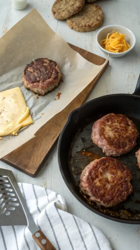 Overhead image of hamburger patties being shaped on a board and cooked in a skillet.