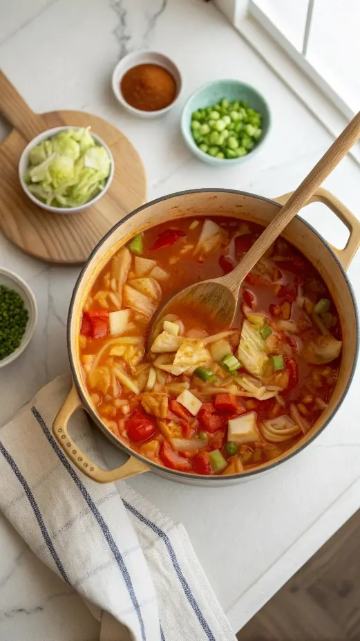 Cabbage soup simmering in a pot with a spoon stirring.