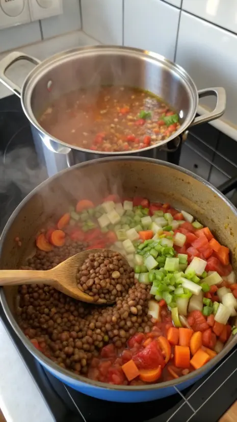Overhead image of vegetables sautéing and lentil soup simmering in a pot