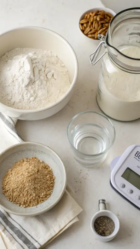 Flat lay of flour, water, scale, and jar for making sourdough starter.
