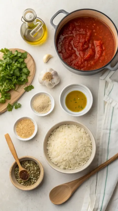 Flat lay of rice, tomato sauce, broth, onion, garlic, cumin, and herbs for Spanish rice.