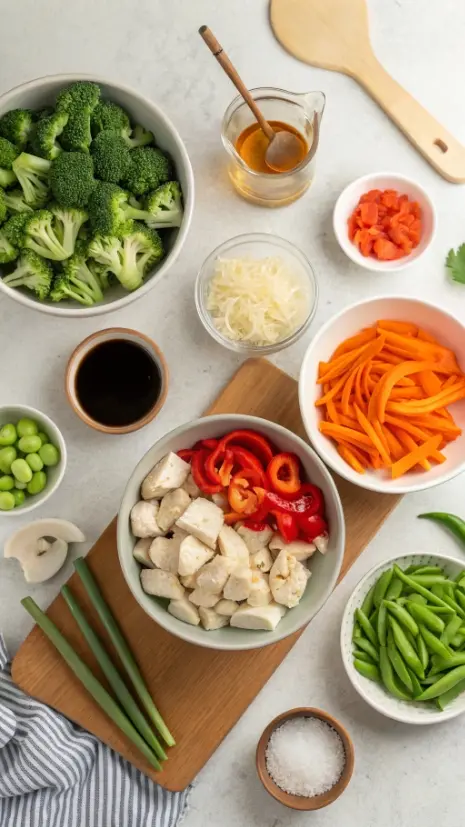 Flat lay of vegetables, protein, and stir fry sauce ingredients like soy sauce, garlic, ginger, and cornstarch.