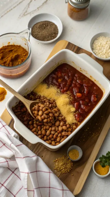 Mixing baked beans with sauce ingredients in a baking dish.