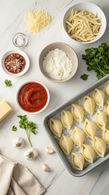 Flat lay of jumbo shells, ricotta, mozzarella, Parmesan, marinara, and seasonings for stuffed shells.