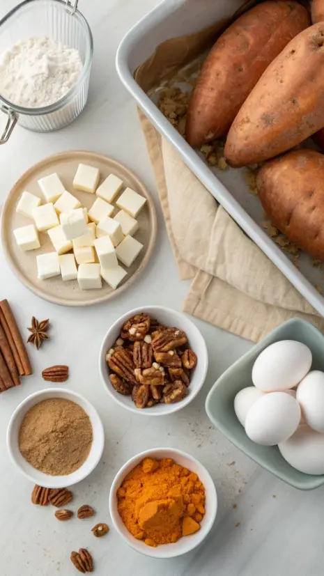 Ingredients for sweet potato casserole with pecan streusel and marshmallows
