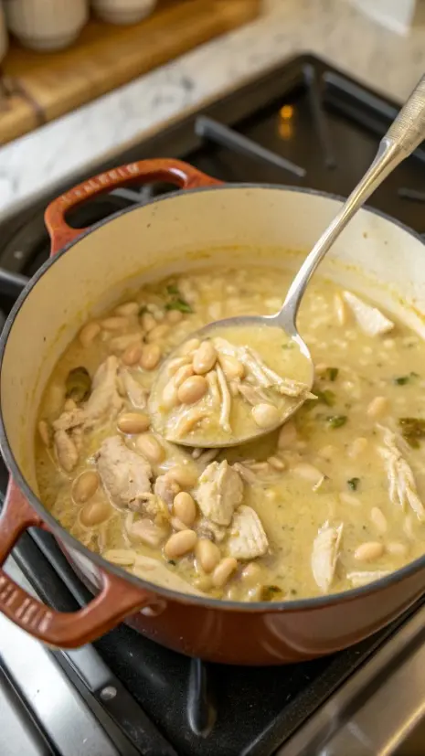 Mashing beans in a pot of white chicken chili to thicken it.