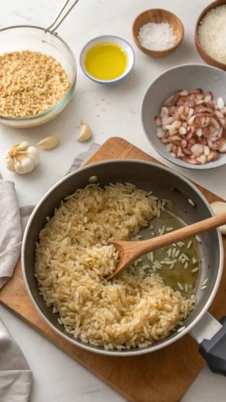 Overhead image of long-grain rice being toasted in oil in a saucepan before adding tomato and broth.
