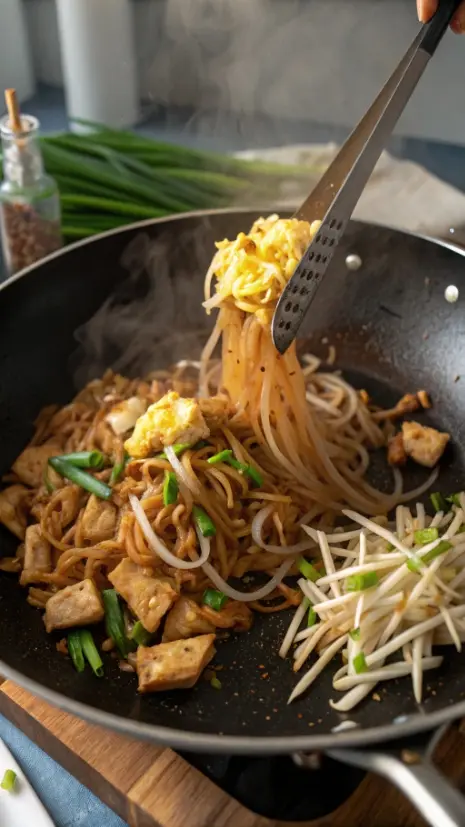 Overhead image of Pad Thai noodles being tossed with sauce and egg in a wok.