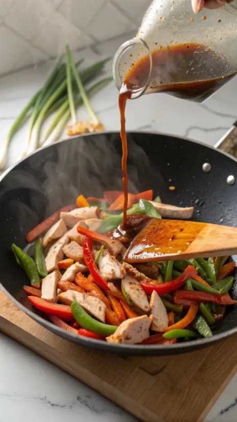 Overhead image of stir fry being tossed in a wok as the sauce thickens and coats the ingredients.