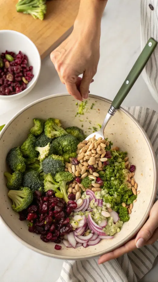 Tossing broccoli salad with cranberries and sunflower seeds in a mixing bowl.