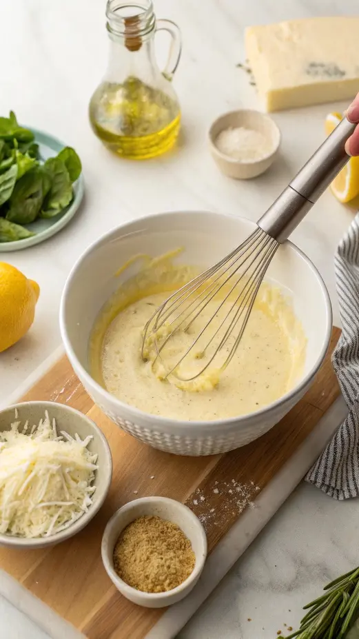 Caesar dressing being whisked as oil is drizzled in to emulsify.