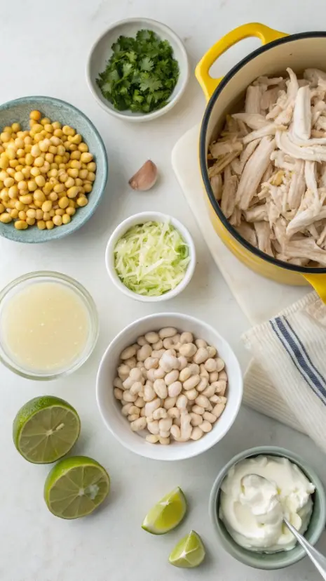 Ingredients for creamy white chicken chili on a countertop.