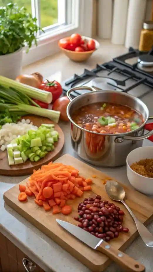 Chopped vegetables for minestrone soup including onions, carrots, and celery on a cutting board.
