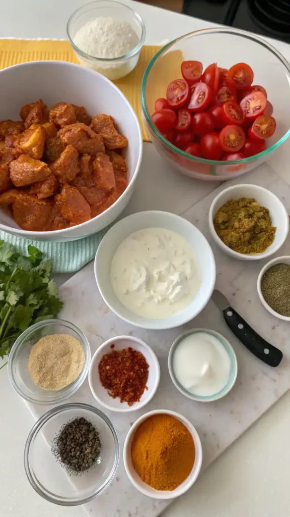 Chef preparing chicken tikka masala with spices and ingredients.