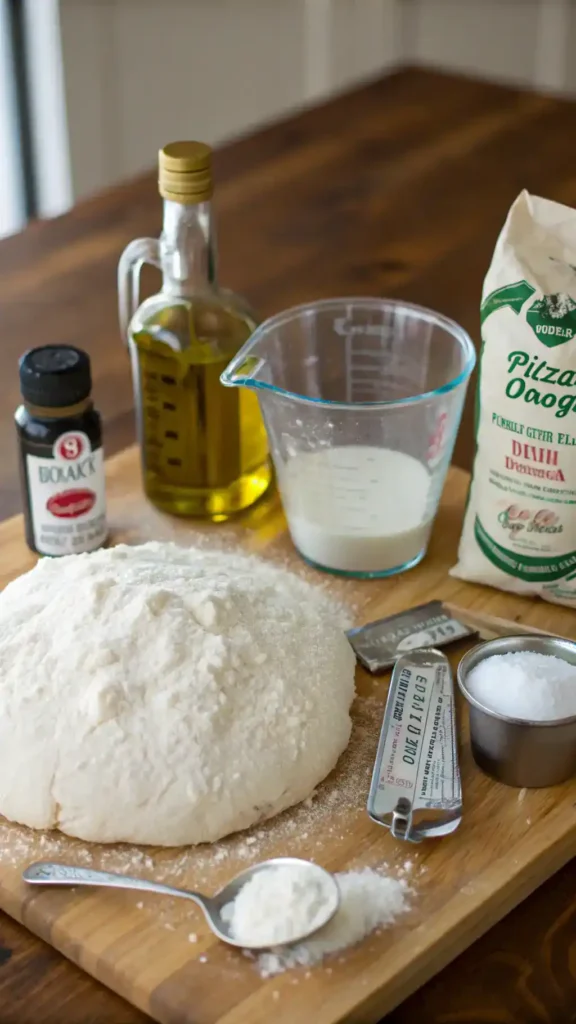 Ingredients for pizza dough displayed on a wooden countertop.