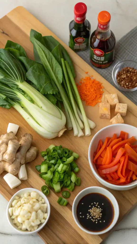Ingredients for a bok choy recipe displayed on a cutting board.
