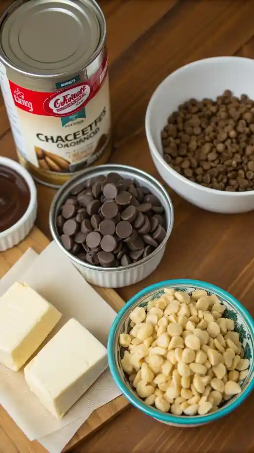 Ingredients for fudge including chocolate chips, butter, and nuts on a wooden countertop.