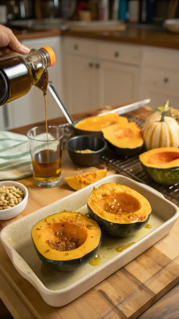 Step-by-step preparation of acorn squash recipe in a cozy kitchen.