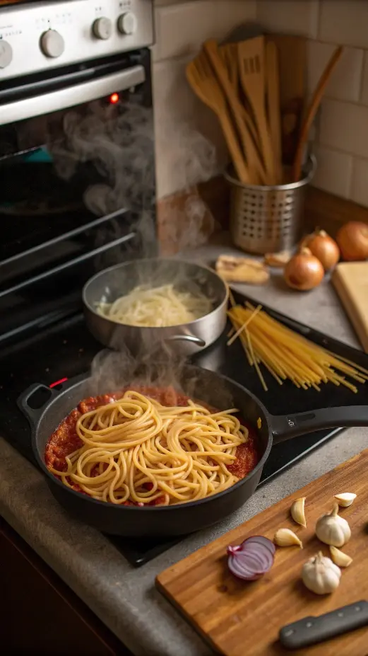A step-by-step process of making baked spaghetti, including boiling spaghetti and sautéing ingredients.