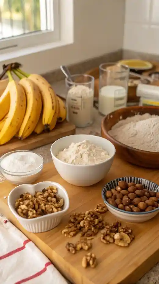 Ingredients and steps for making banana nut bread displayed in a bright kitchen.