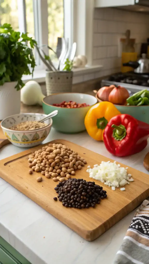 Ingredients and cooking process for black-eyed peas recipe displayed in a bright kitchen.