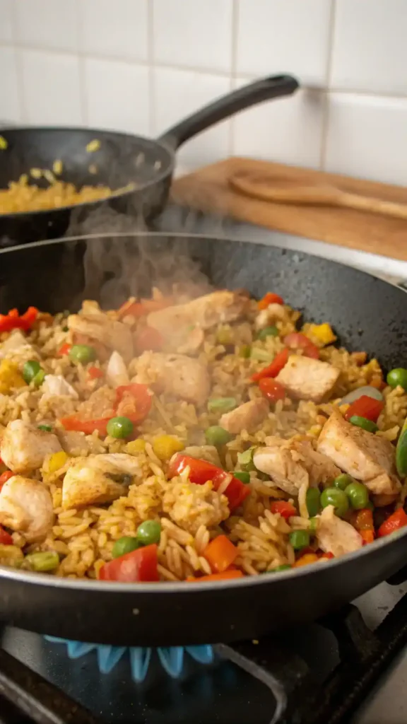 A skillet filled with colorful chicken fried rice, featuring diced chicken, peas, carrots, and green onions.