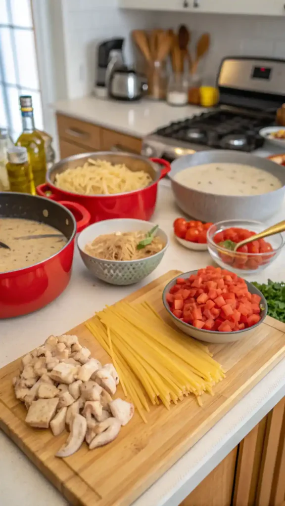 A step-by-step guide to making chicken spaghetti with ingredients laid out on a kitchen counter.