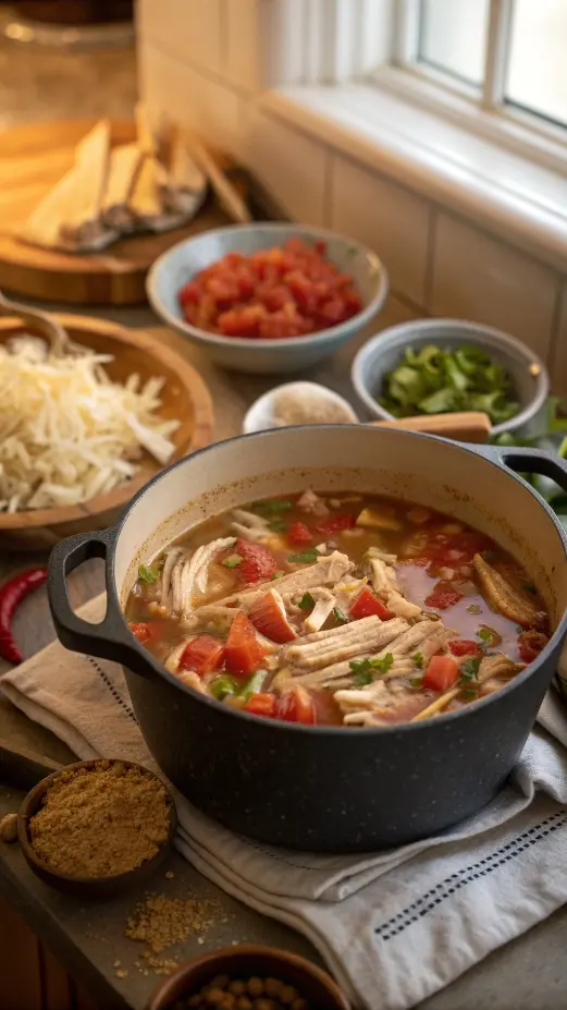 A pot of chicken tortilla soup simmering on the stove, surrounded by fresh ingredients.