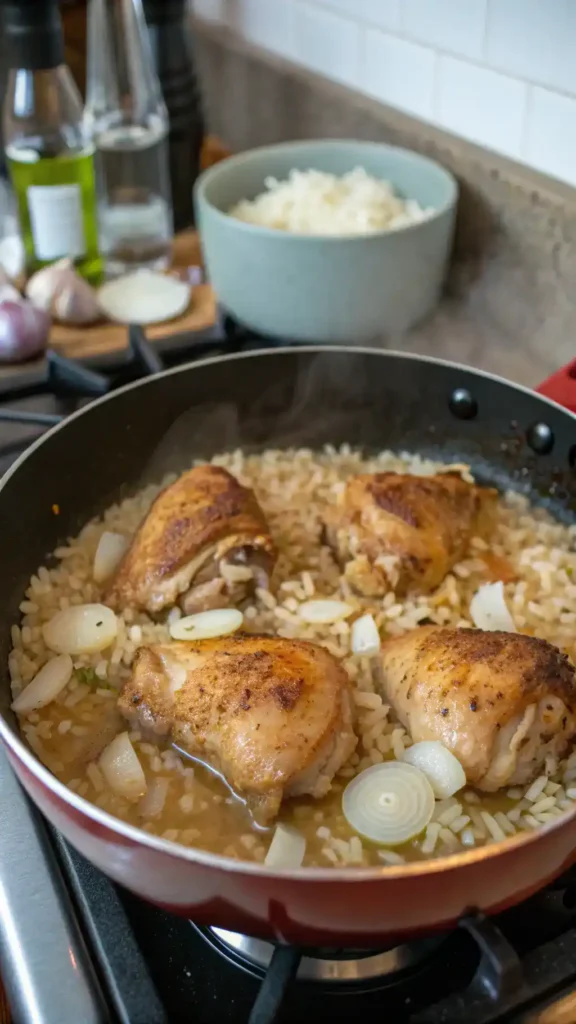 A pot of chicken and rice cooking on the stove with fresh ingredients around it.