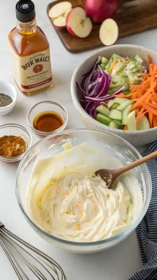 A mixing bowl with creamy coleslaw dressing ingredients being combined.