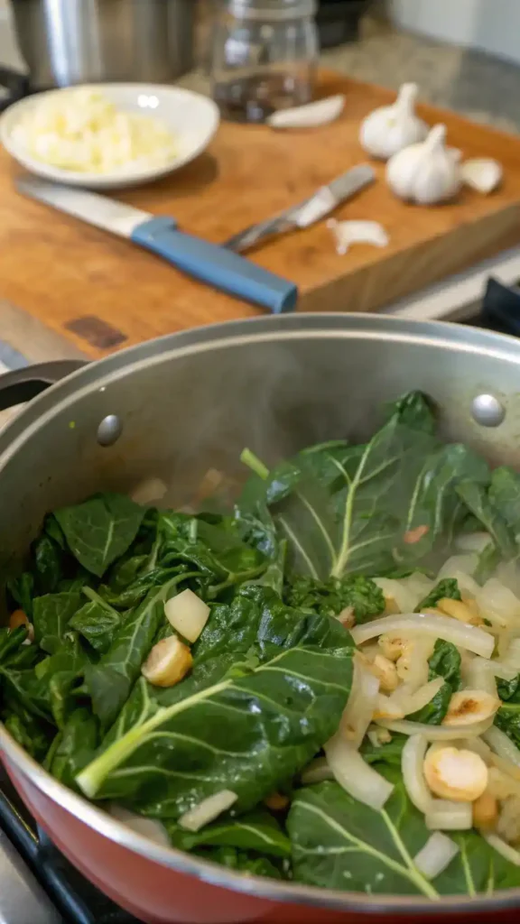 A pot of sautéed collard greens with onions and garlic, showcasing the cooking process.