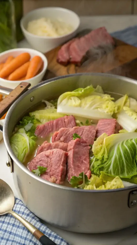 A pot of corned beef and cabbage simmering on the stove, with vegetables peeking through.