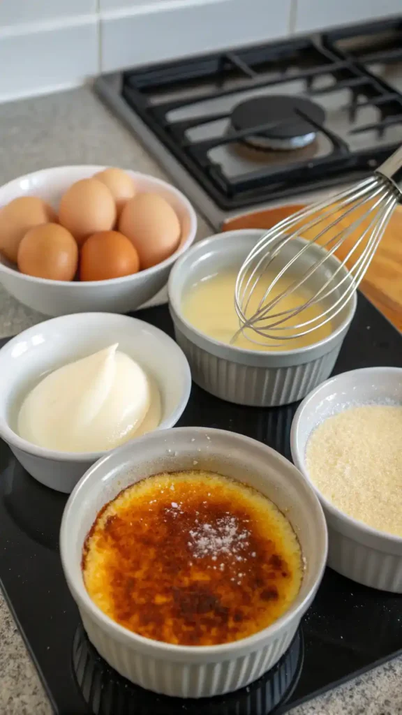 Step-by-step process of making creme brulee, including ingredients and cooking steps.