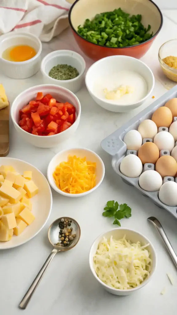 A step-by-step guide to making egg bites with ingredients laid out on a kitchen counter.
