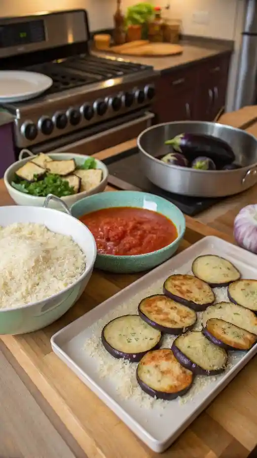 Step-by-step process of making eggplant parmesan, including preparing, breading, and frying eggplant slices.