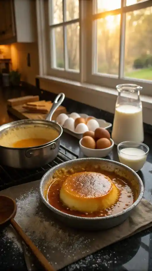 Ingredients and steps for making flan, including caramel preparation.
