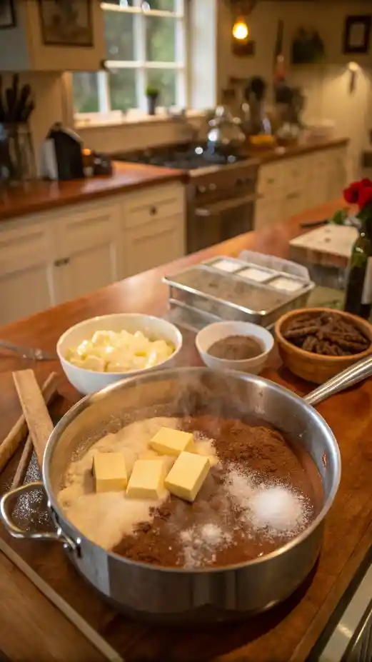 A step-by-step process of making fudge with ingredients in a saucepan.