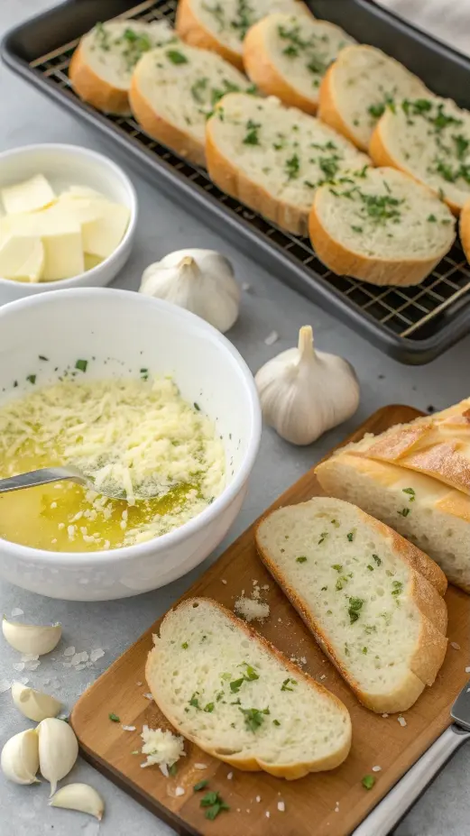 Step-by-step process of making garlic bread, including ingredients and preparation.