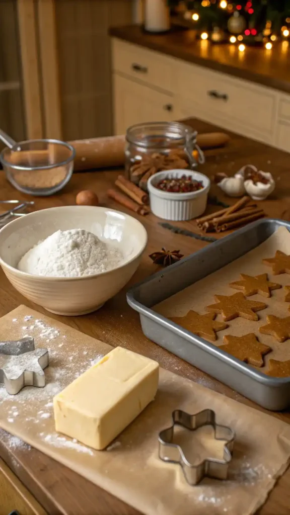 A step-by-step process of making gingerbread cookies, showcasing ingredients and mixing bowls.