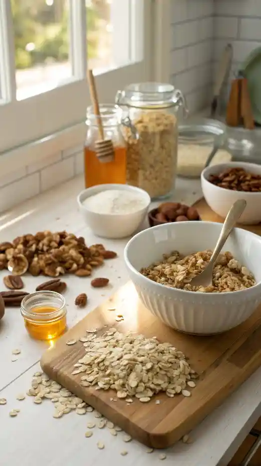 A step-by-step guide to making granola with ingredients laid out on a kitchen counter.