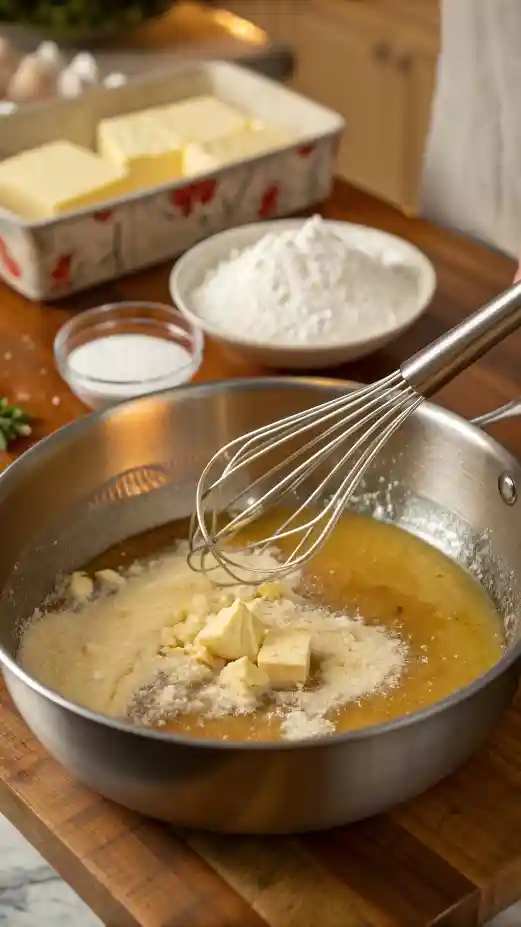 A saucepan on the stove with melted butter and flour being whisked together to make gravy.