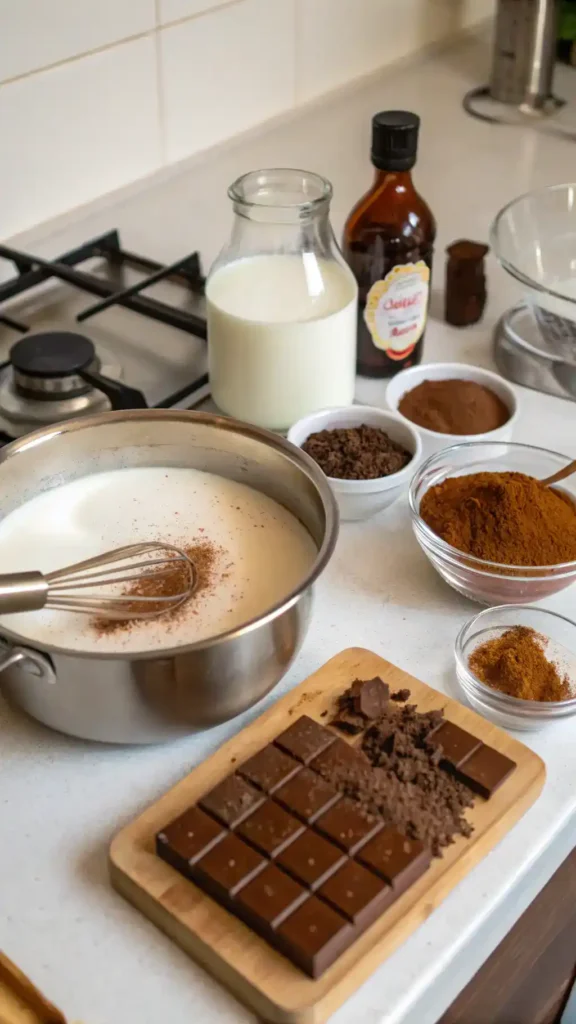 A saucepan on a stove with milk being heated for hot chocolate, surrounded by cocoa powder, sugar, and vanilla extract.