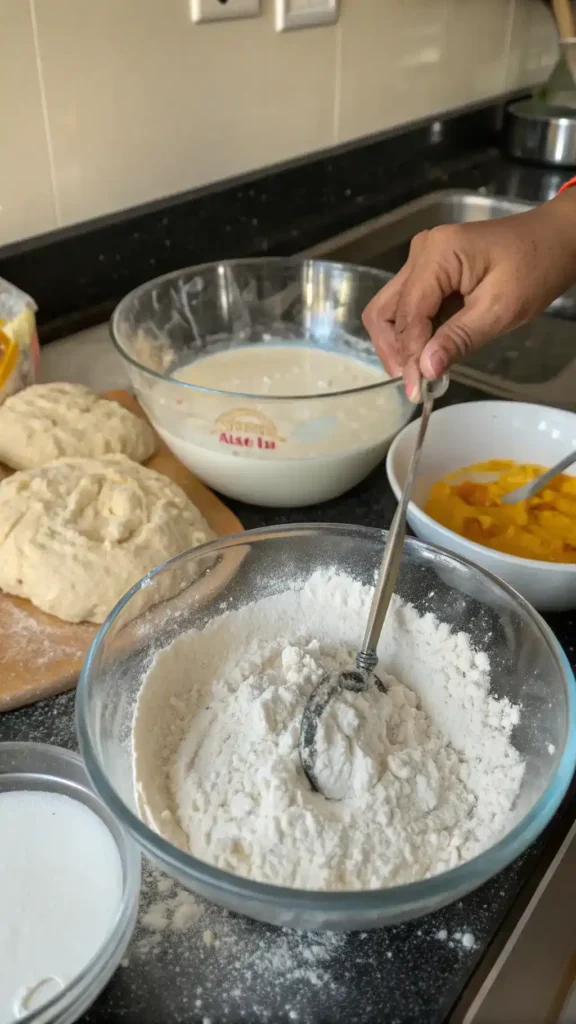 A step-by-step process of making naan, showcasing ingredients and kneading technique.
