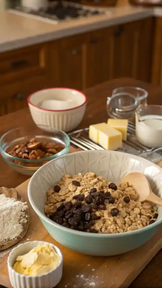 Step-by-step process of making oatmeal raisin cookies with ingredients displayed.