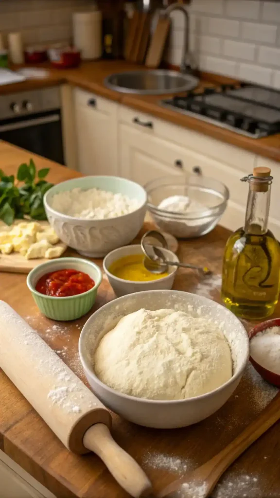 A step-by-step guide to making pizza dough with ingredients displayed.