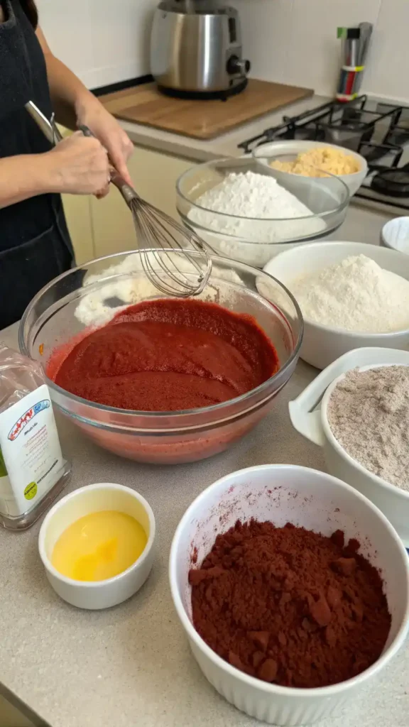 Ingredients for red velvet cake including flour, cocoa powder, and red food coloring.